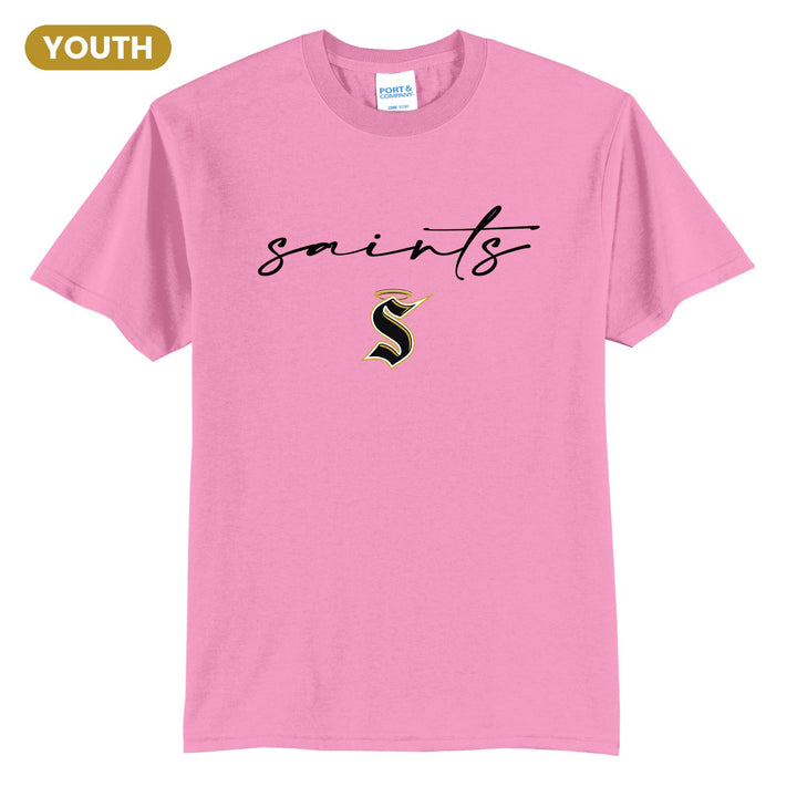 Berks Catholic Saints Saints Script youth t-shirt in Candy Pink: saints in thin flowing script over the halo S