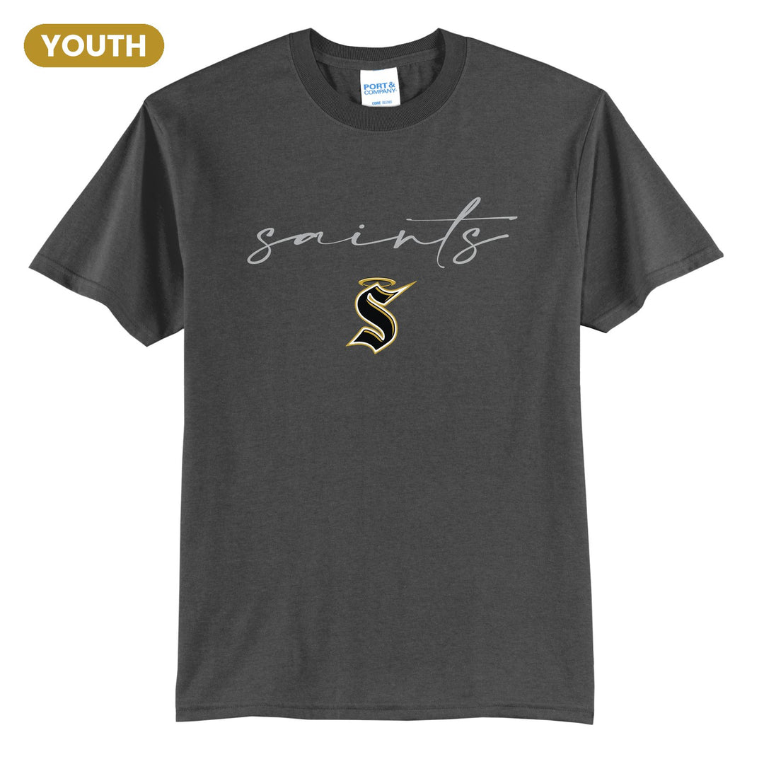 Berks Catholic Saints Saints Script youth t-shirt in Charcoal: saints in thin flowing script over the halo S