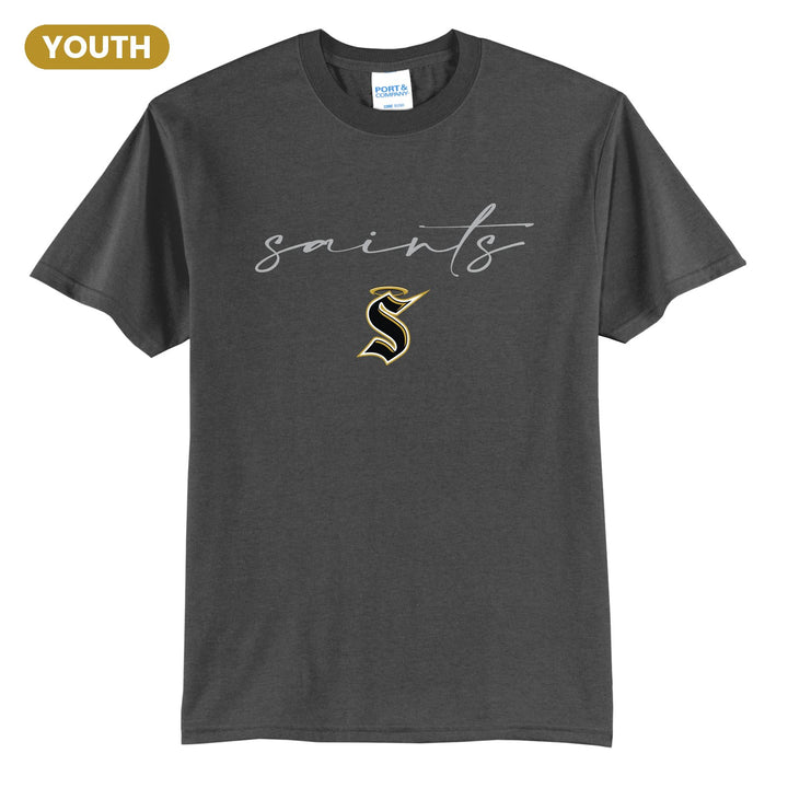 Berks Catholic Saints Saints Script youth t-shirt in Charcoal: saints in thin flowing script over the halo S