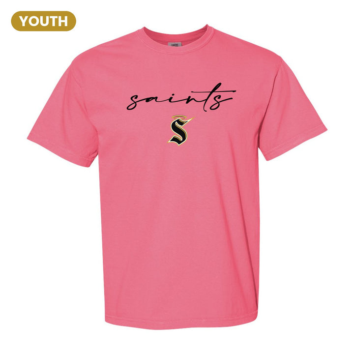 Berks Catholic Saints Saints Script youth comfort colors t-shirt in Crunchberry: saints in thin flowing script over the halo S