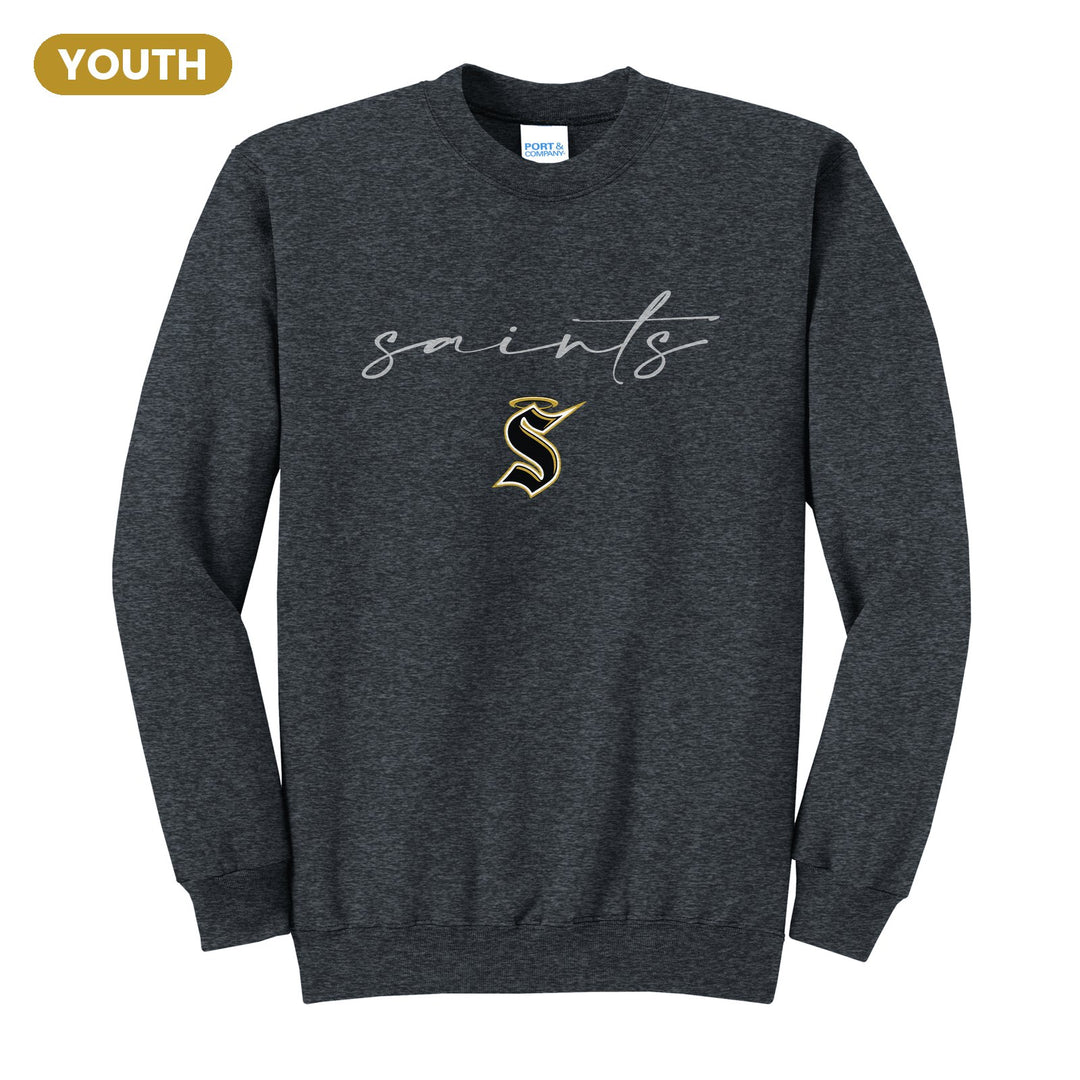 Berks Catholic Saints Saints Script youth crewneck sweatshirt in Dark Heather Grey: saints in thin flowing script over the halo S