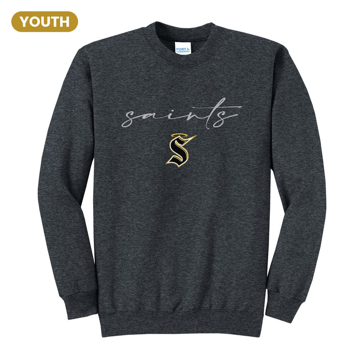 Berks Catholic Saints Saints Script youth crewneck sweatshirt in Dark Heather Grey: saints in thin flowing script over the halo S