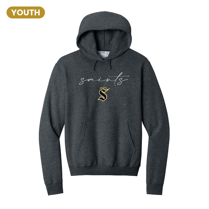 Berks Catholic Saints Saints Script youth hoodie in Dark Heather Grey: saints in thin flowing script over the halo S