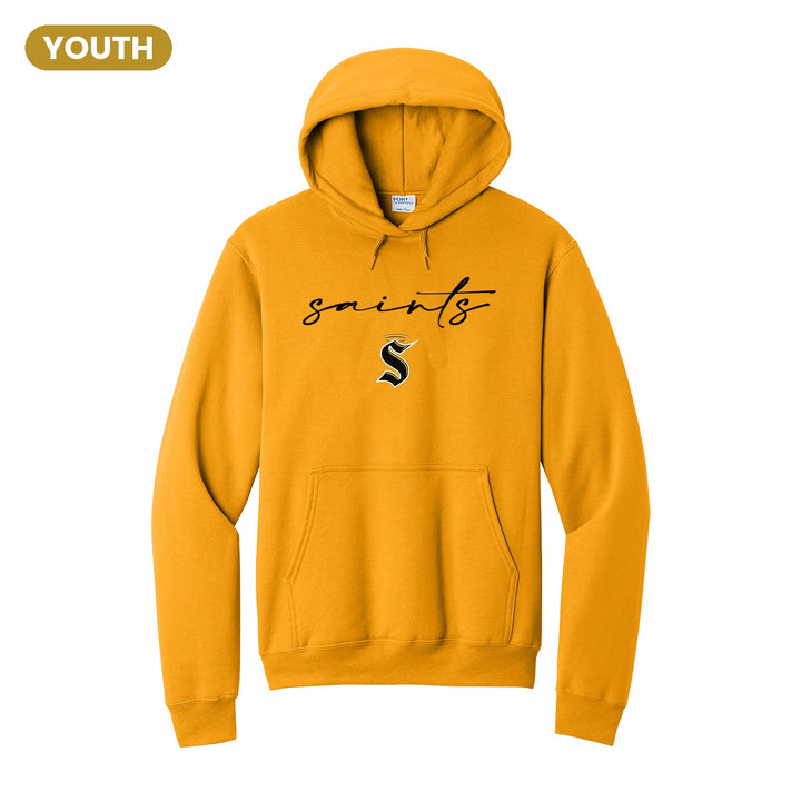 Berks Catholic Saints Saints Script youth hoodie in Gold: saints in thin flowing script over the halo S