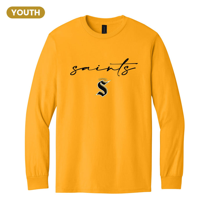 Berks Catholic Saints Saints Script youth long sleeve t-shirt in Gold: saints in thin flowing script over the halo S