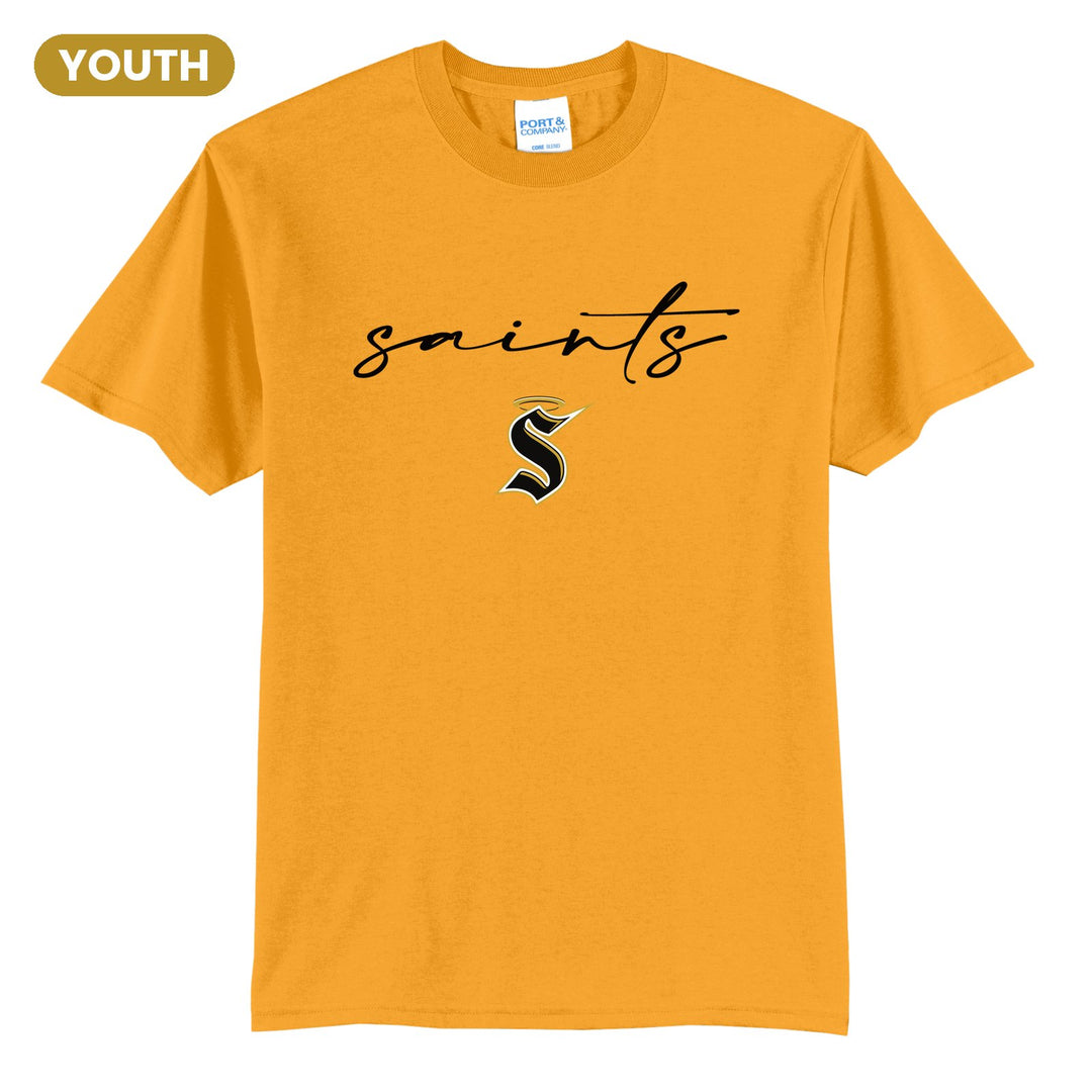 Berks Catholic Saints Saints Script youth t-shirt in Gold: saints in thin flowing script over the halo S