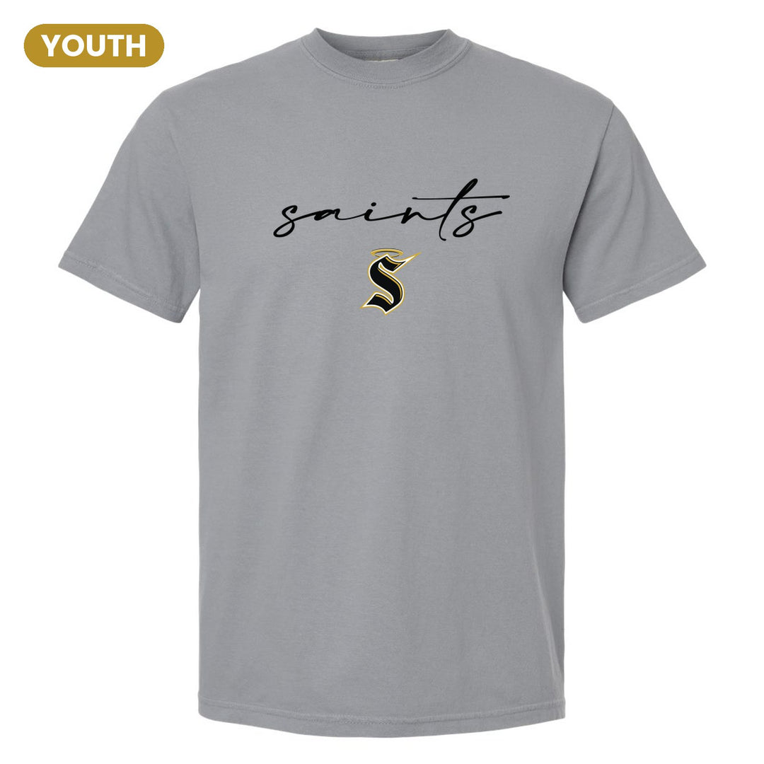 Berks Catholic Saints Saints Script youth comfort colors t-shirt in Granite: saints in thin flowing script over the halo S