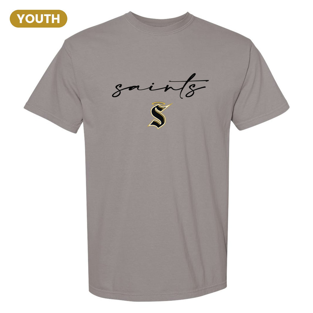 Berks Catholic Saints Saints Script youth comfort colors t-shirt in Grey: saints in thin flowing script over the halo S