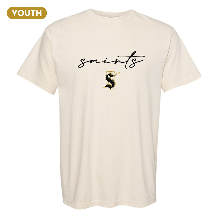 Berks Catholic Saints Saints Script youth comfort colors t-shirt in Ivory: saints in thin flowing script over the halo S