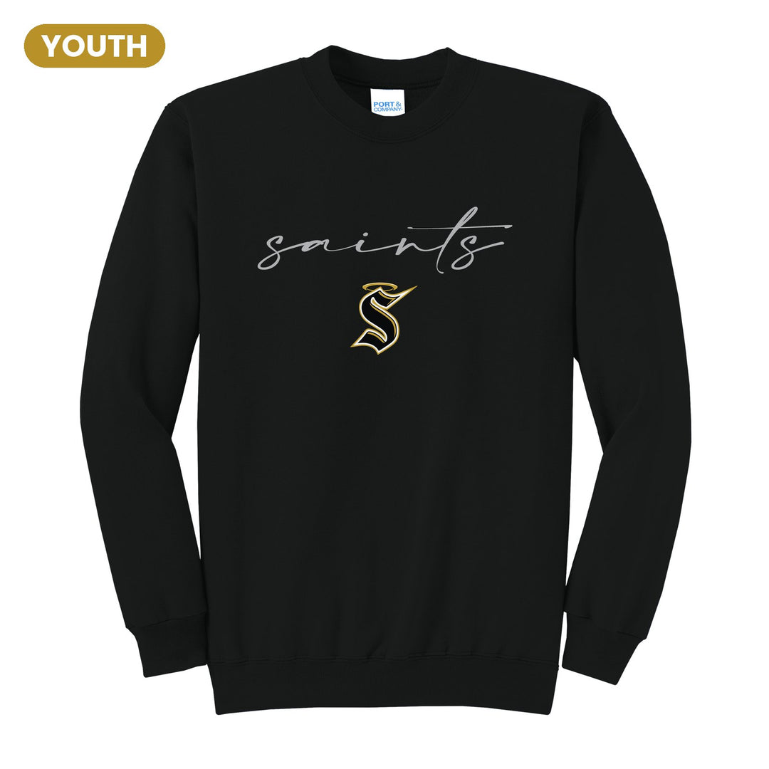 Berks Catholic Saints Saints Script youth crewneck sweatshirt in Jet Black: saints in thin flowing script over the halo S