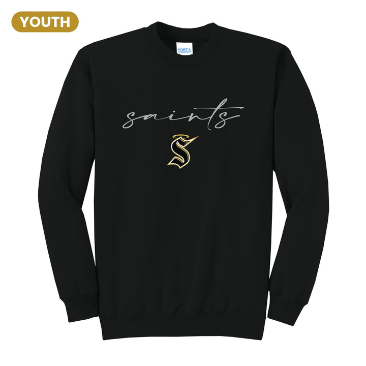 Berks Catholic Saints Saints Script youth crewneck sweatshirt in Jet Black: saints in thin flowing script over the halo S