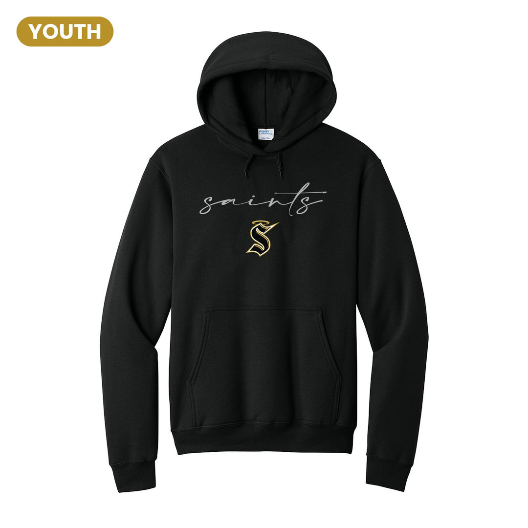 Berks Catholic Saints Saints Script youth hoodie in Jet Black: saints in thin flowing script over the halo S