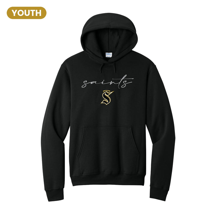 Berks Catholic Saints Saints Script youth hoodie in Jet Black: saints in thin flowing script over the halo S