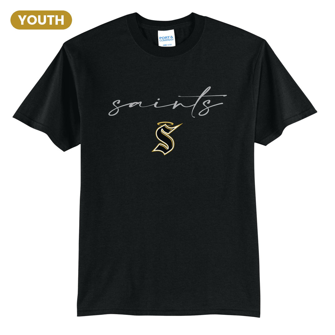Berks Catholic Saints Saints Script youth t-shirt in Jet Black: saints in thin flowing script over the halo S