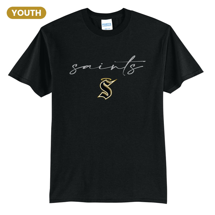 Berks Catholic Saints Saints Script youth t-shirt in Jet Black: saints in thin flowing script over the halo S