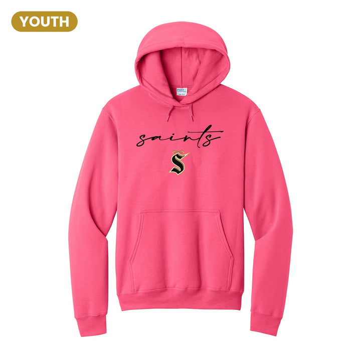 Berks Catholic Saints Saints Script youth hoodie in Neon Pink: saints in thin flowing script over the halo S