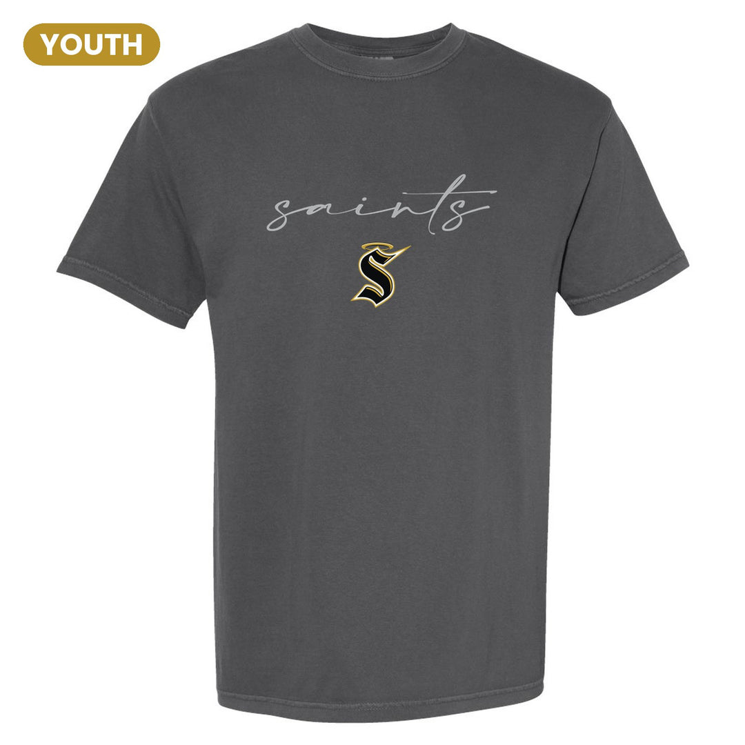Berks Catholic Saints Saints Script youth comfort colors t-shirt in Pepper: saints in thin flowing script over the halo S
