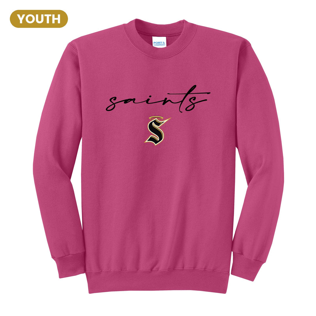 Berks Catholic Saints Saints Script youth crewneck sweatshirt in Sangria: saints in thin flowing script over the halo S
