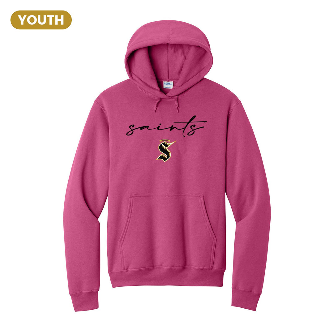 Berks Catholic Saints Saints Script youth hoodie in Sangria: saints in thin flowing script over the halo S