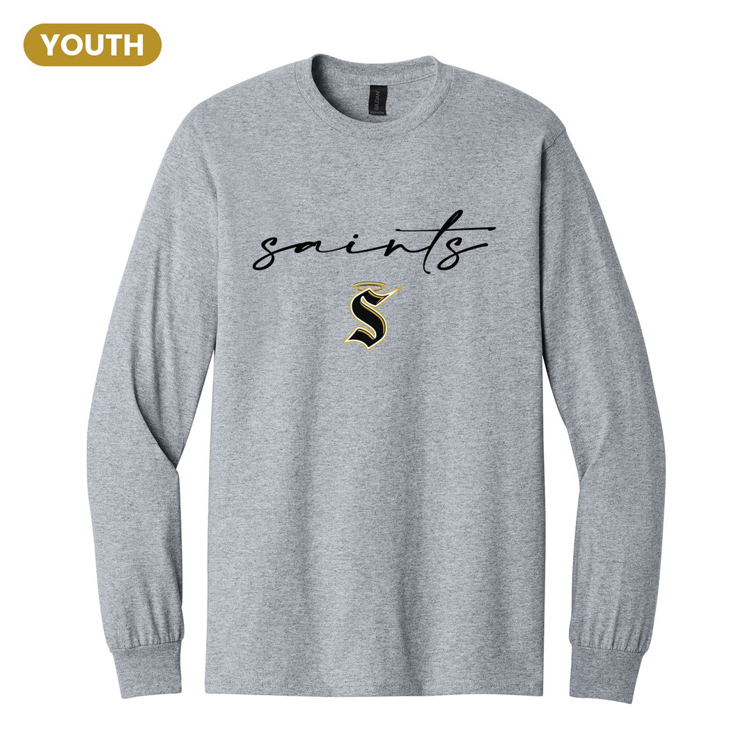 Berks Catholic Saints Saints Script youth long sleeve t-shirt in Sport Grey: saints in thin flowing script over the halo S
