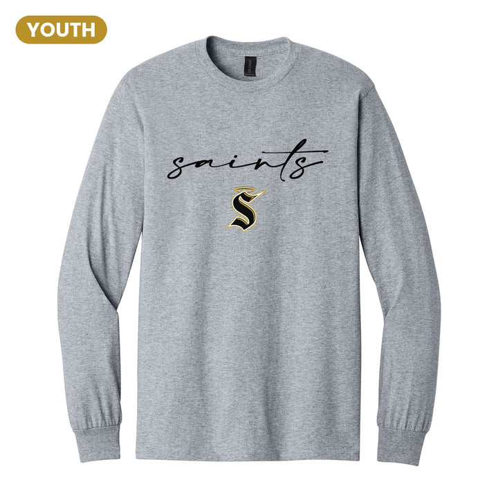 Berks Catholic Saints Saints Script youth long sleeve t-shirt in Sport Grey: saints in thin flowing script over the halo S