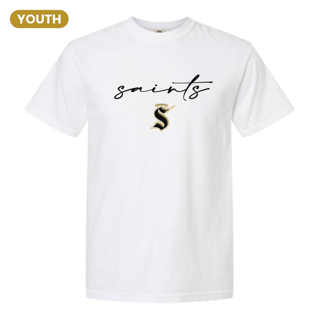Berks Catholic Saints Saints Script youth comfort colors t-shirt in White: saints in thin flowing script over the halo S