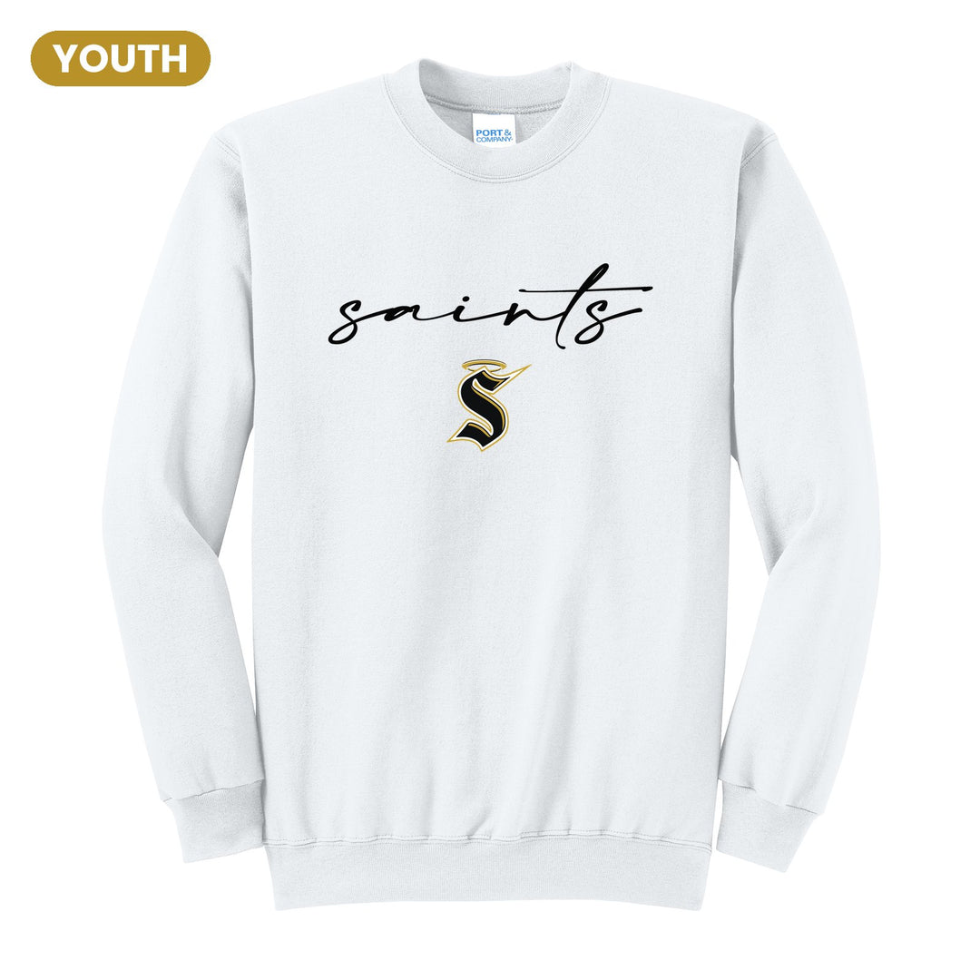Berks Catholic Saints Saints Script youth crewneck sweatshirt in White: saints in thin flowing script over the halo S