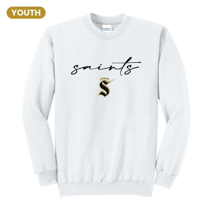 Berks Catholic Saints Saints Script youth crewneck sweatshirt in White: saints in thin flowing script over the halo S