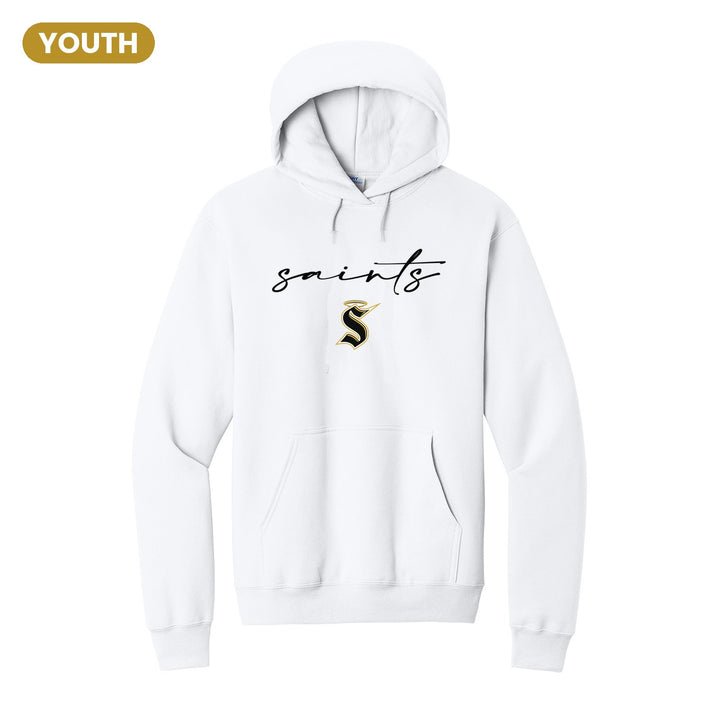 Berks Catholic Saints Saints Script youth hoodie in White: saints in thin flowing script over the halo S