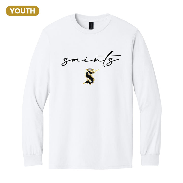 Berks Catholic Saints Saints Script youth long sleeve t-shirt in White: saints in thin flowing script over the halo S