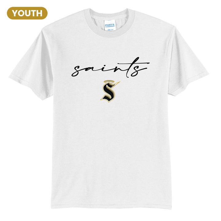 Berks Catholic Saints Saints Script youth t-shirt in White: saints in thin flowing script over the halo S