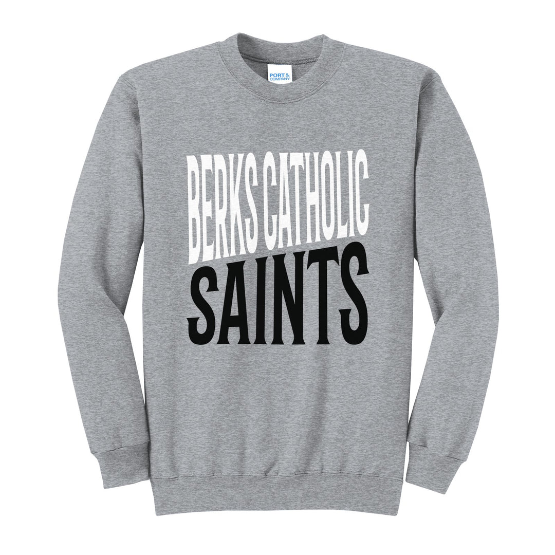 Berks Catholic Saints Block Stack crewneck sweatshirt in Athletic Heather: tall BERKS CATHOLIC stacked over SAINTS in condensed block letters