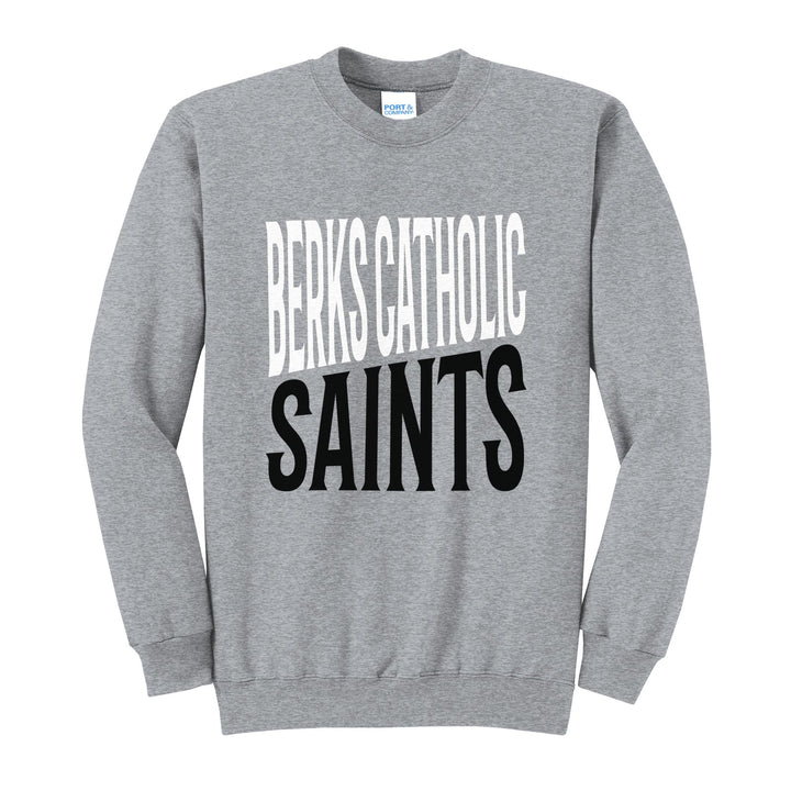 Berks Catholic Saints Block Stack crewneck sweatshirt in Athletic Heather: tall BERKS CATHOLIC stacked over SAINTS in condensed block letters