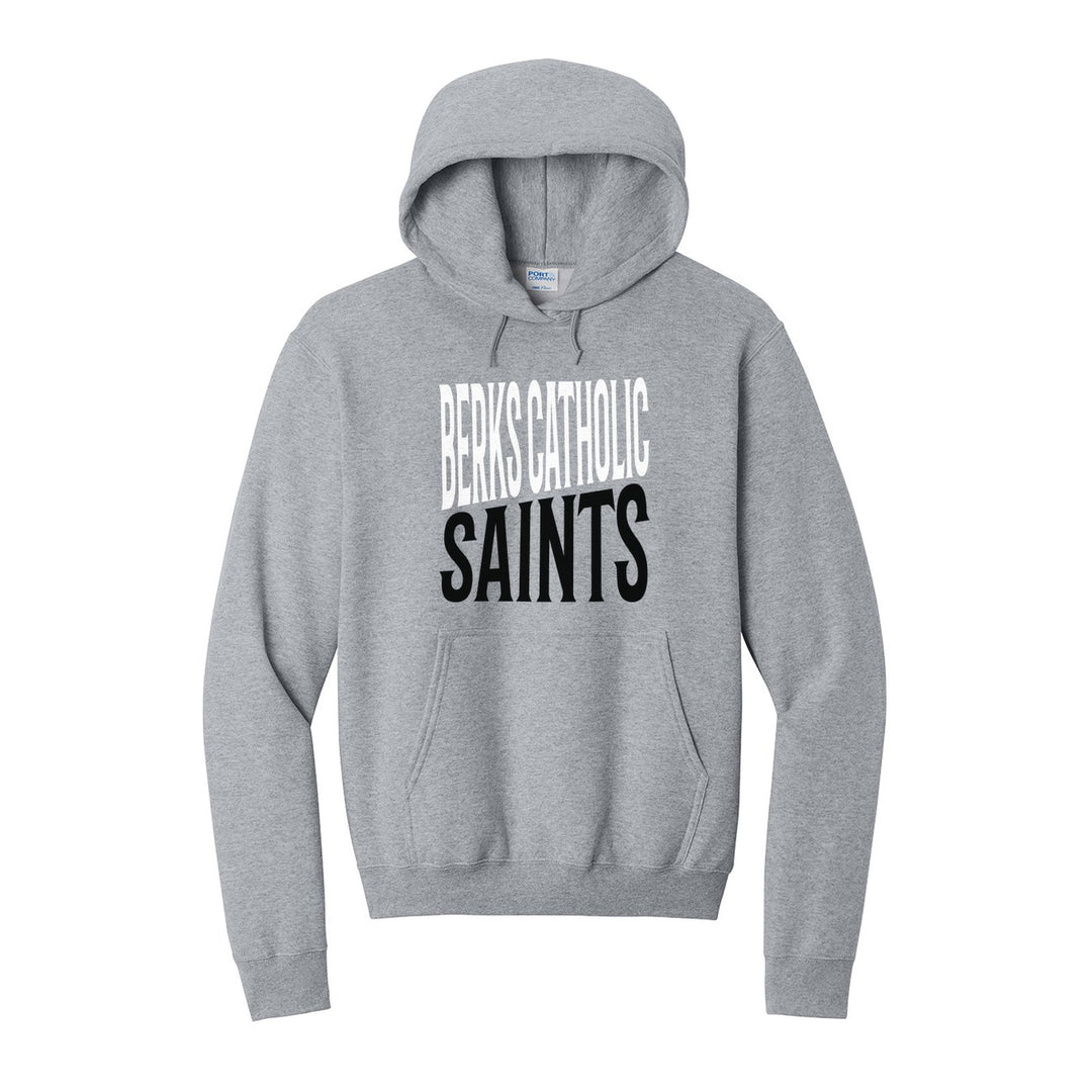 Berks Catholic Saints Block Stack hoodie in Athletic Heather: tall BERKS CATHOLIC stacked over SAINTS in condensed block letters