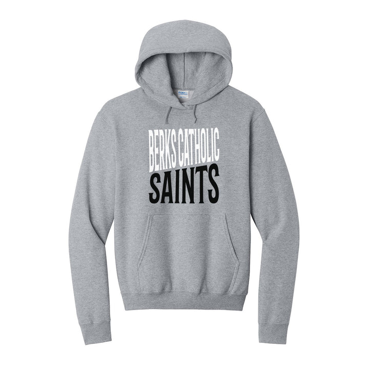 Berks Catholic Saints Block Stack hoodie in Athletic Heather: tall BERKS CATHOLIC stacked over SAINTS in condensed block letters