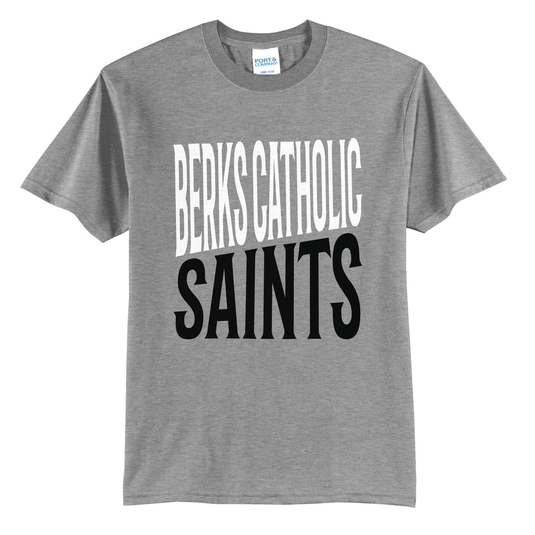 Berks Catholic Saints Block Stack t-shirt in Athletic Heather: tall BERKS CATHOLIC stacked over SAINTS in condensed block letters
