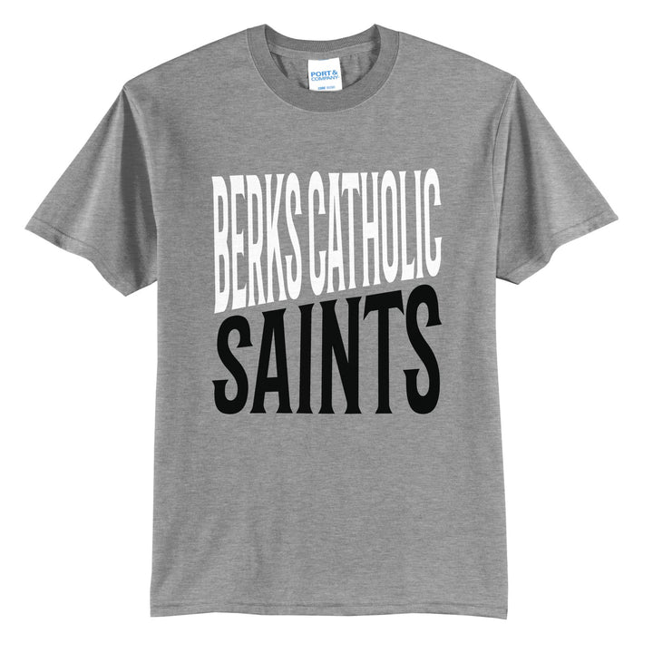 Berks Catholic Saints Block Stack t-shirt in Athletic Heather: tall BERKS CATHOLIC stacked over SAINTS in condensed block letters