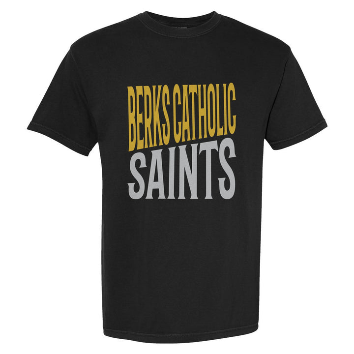 Berks Catholic Saints Block Stack comfort colors t-shirt in Black: tall BERKS CATHOLIC stacked over SAINTS in condensed block letters
