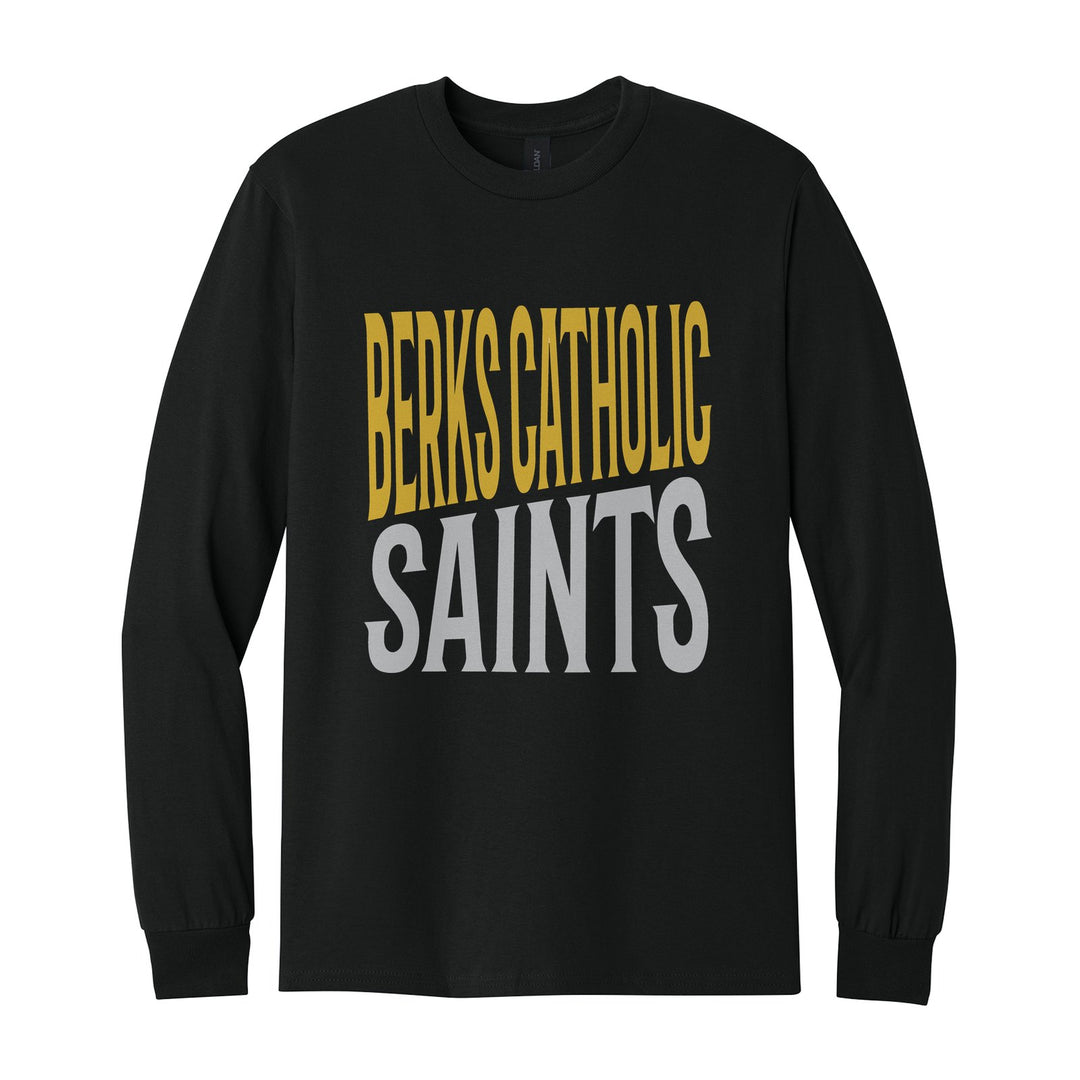 Berks Catholic Saints Block Stack long sleeve t-shirt in Black: tall BERKS CATHOLIC stacked over SAINTS in condensed block letters