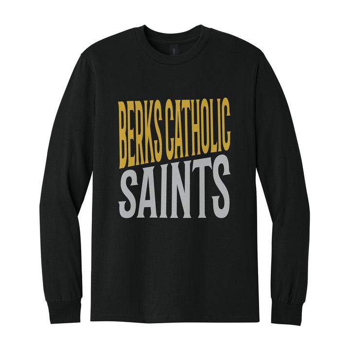 Berks Catholic Saints Block Stack long sleeve t-shirt in Black: tall BERKS CATHOLIC stacked over SAINTS in condensed block letters