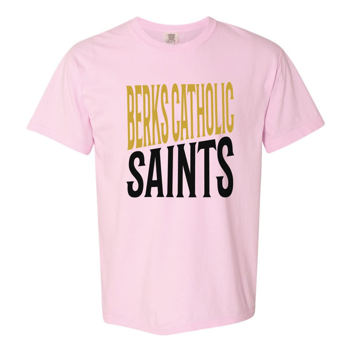 Berks Catholic Saints Block Stack comfort colors t-shirt in Blossom: tall BERKS CATHOLIC stacked over SAINTS in condensed block letters