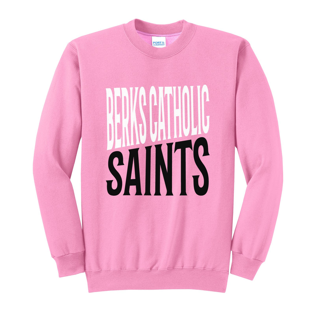 Berks Catholic Saints Block Stack crewneck sweatshirt in Candy Pink: tall BERKS CATHOLIC stacked over SAINTS in condensed block letters