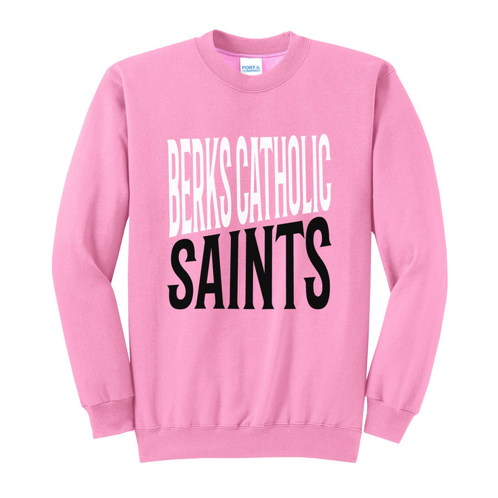 Berks Catholic Saints Block Stack crewneck sweatshirt in Candy Pink: tall BERKS CATHOLIC stacked over SAINTS in condensed block letters