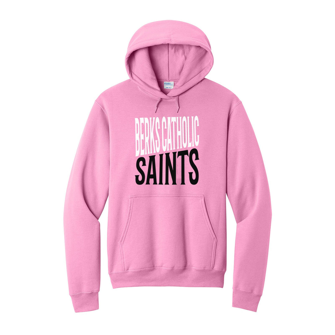 Berks Catholic Saints Block Stack hoodie in Candy Pink: tall BERKS CATHOLIC stacked over SAINTS in condensed block letters
