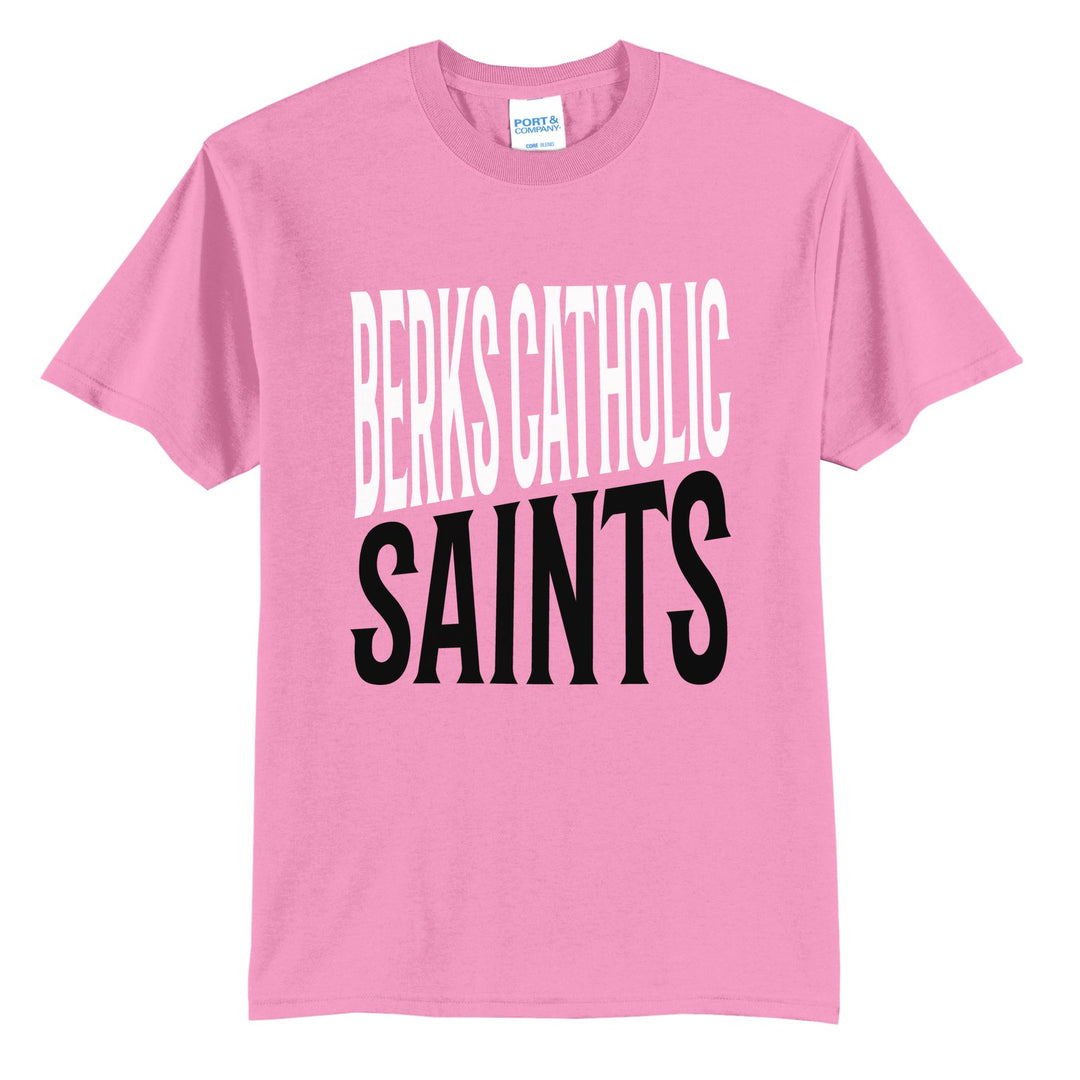 Berks Catholic Saints Block Stack t-shirt in Candy Pink: tall BERKS CATHOLIC stacked over SAINTS in condensed block letters