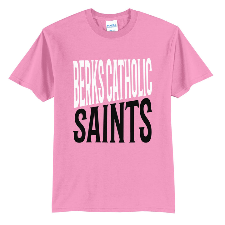 Berks Catholic Saints Block Stack t-shirt in Candy Pink: tall BERKS CATHOLIC stacked over SAINTS in condensed block letters