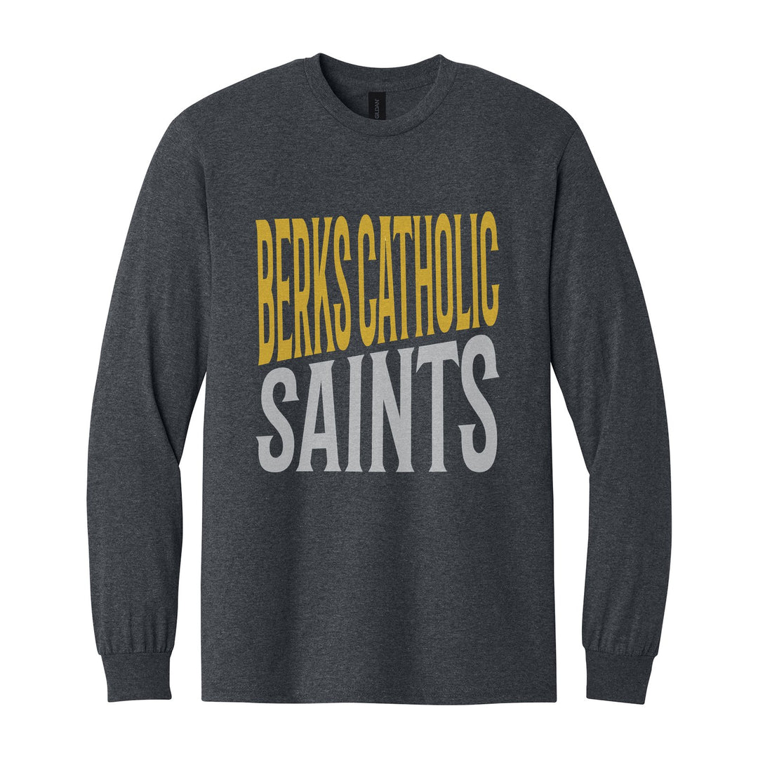 Berks Catholic Saints Block Stack long sleeve t-shirt in Dark Heather: tall BERKS CATHOLIC stacked over SAINTS in condensed block letters