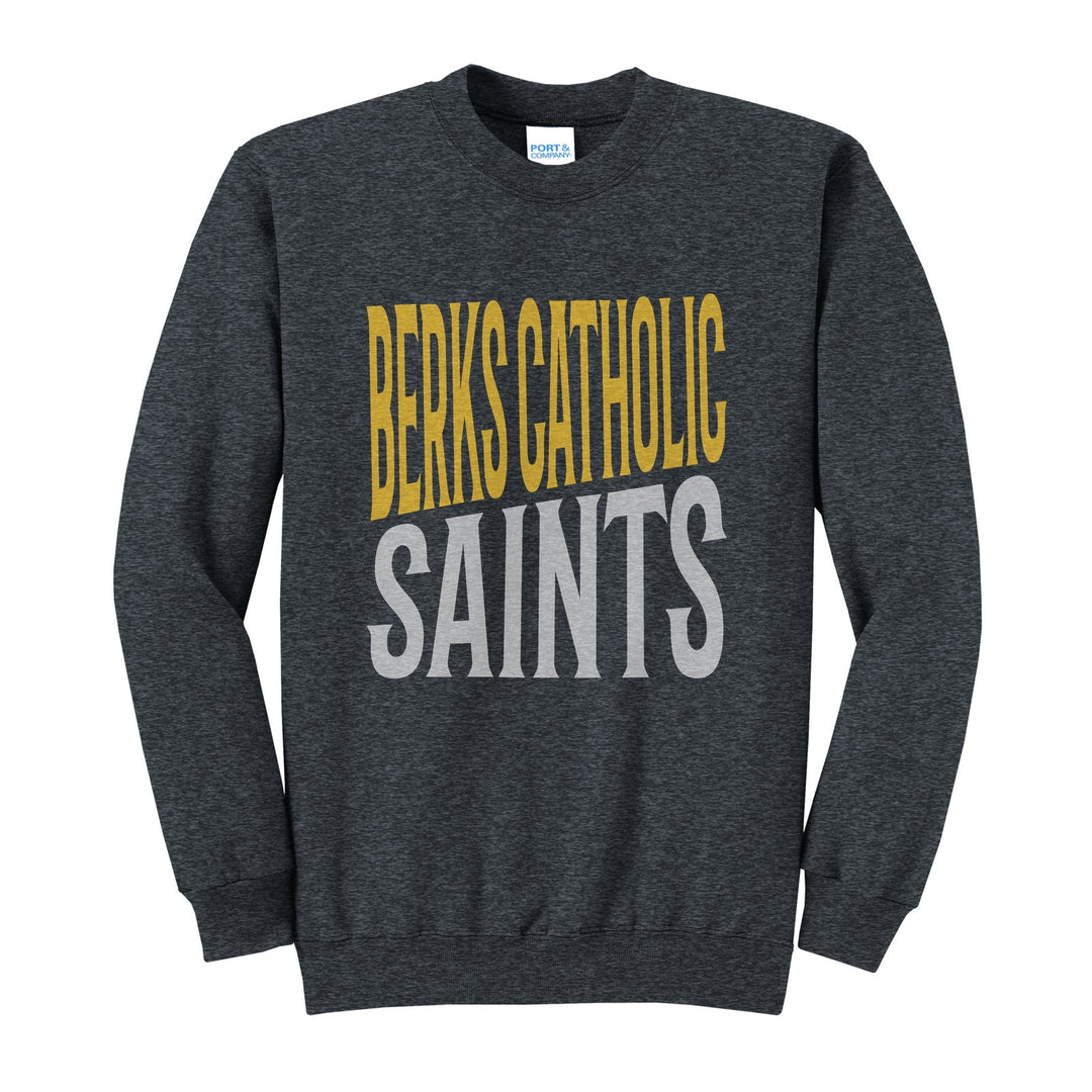 Berks Catholic Saints Block Stack crewneck sweatshirt in Dark Heather Grey: tall BERKS CATHOLIC stacked over SAINTS in condensed block letters