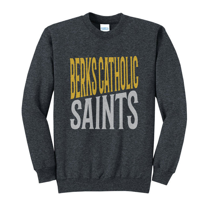 Berks Catholic Saints Block Stack crewneck sweatshirt in Dark Heather Grey: tall BERKS CATHOLIC stacked over SAINTS in condensed block letters