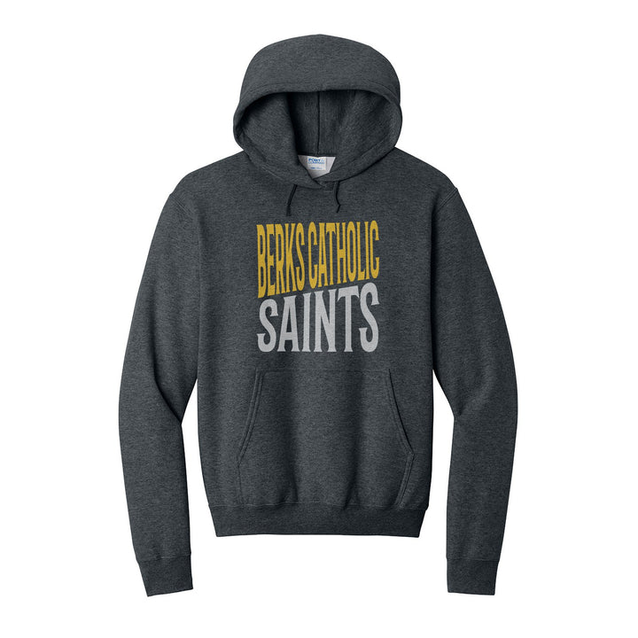 Berks Catholic Saints Block Stack hoodie in Dark Heather Grey: tall BERKS CATHOLIC stacked over SAINTS in condensed block letters